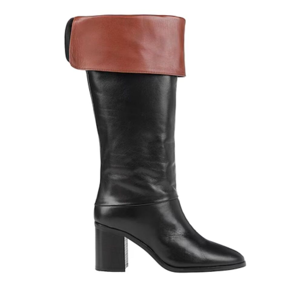 ALESSANDRA PELUSO Two-Tone Leather Knee-High Boots Black Brown Fold-Over Cuff‎